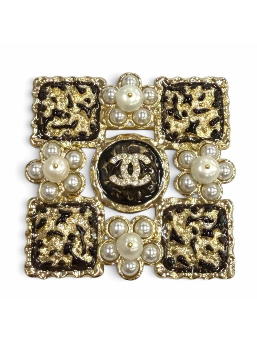 Chanel CC Logo Eco Pearl Rhinestone Square Brooch Black White Gold